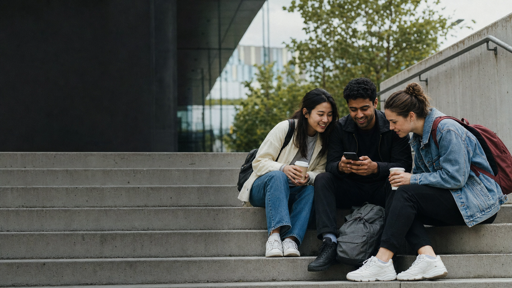 Three students sharing a moment on campus
